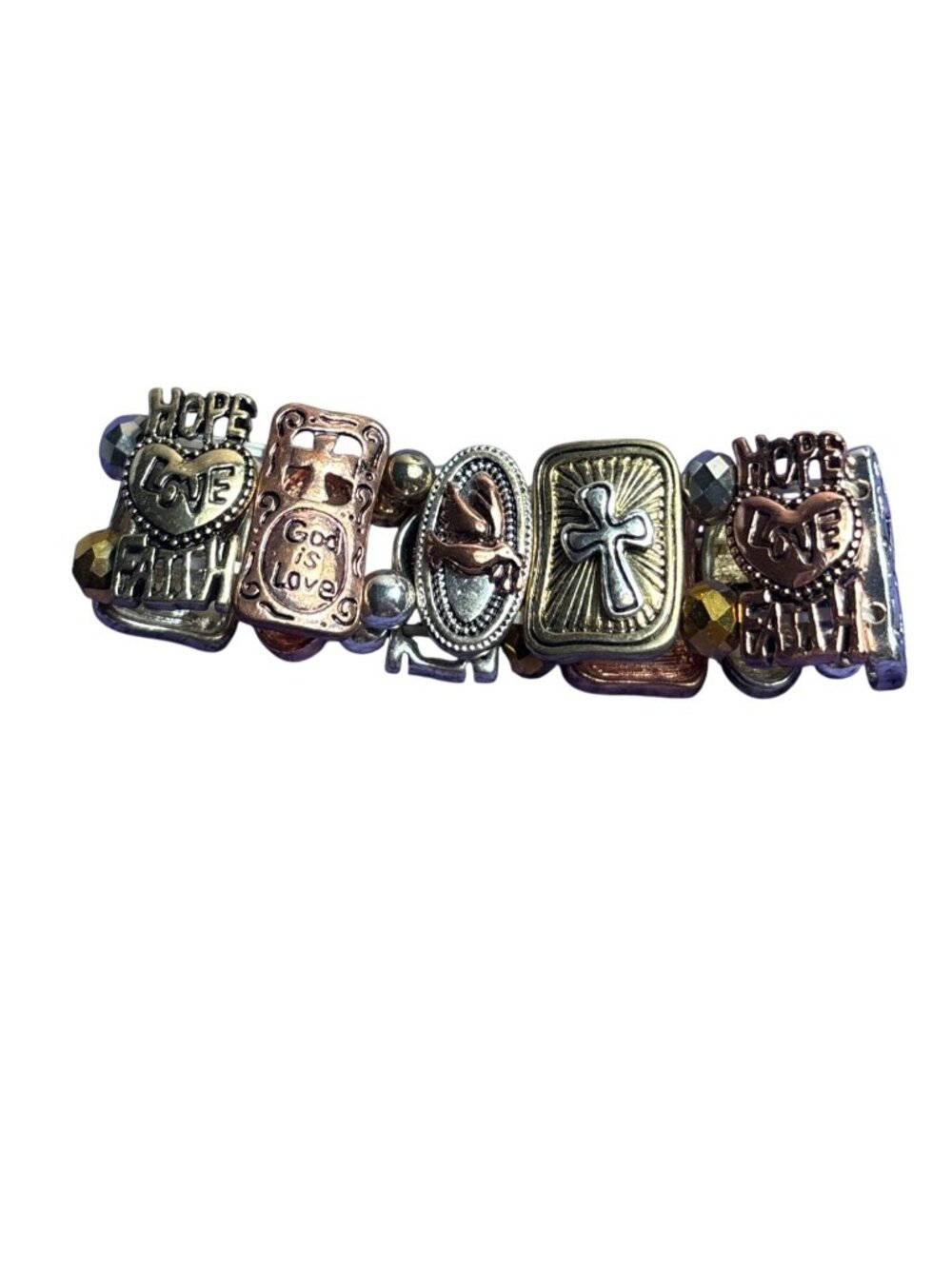 Multicolor Metals Stretchy Bracelet Hope Love Faith Cross Heart 6.5" Unstretched